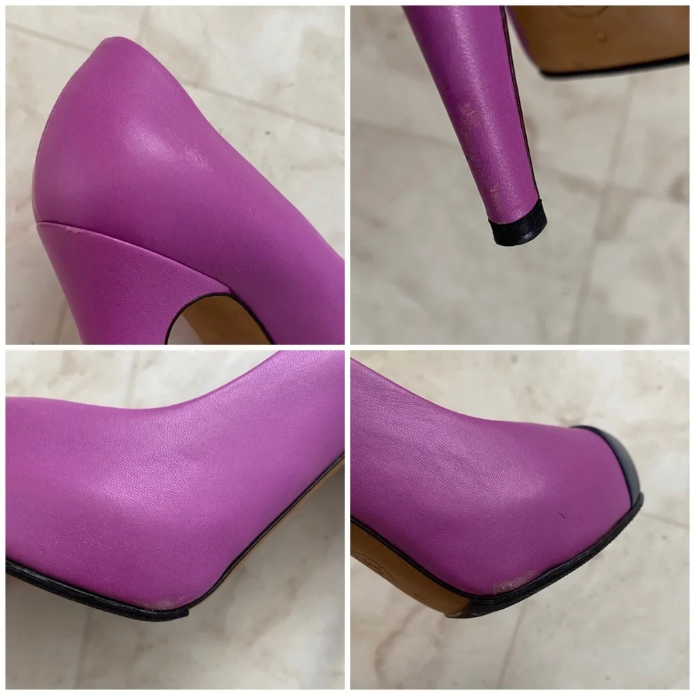 Chanel Made in Italy Interlocking CC Logo Purple Navy Leather Pumps Heels 6/36